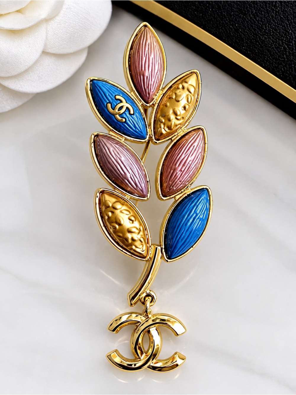 Source Unknown Gold Leaf-Style Brooch with Blue and Pink Enamel Accents